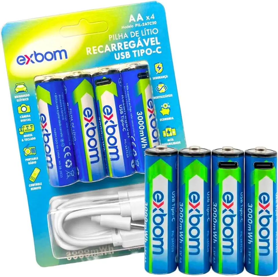 Kit 4 Pilhas Recarregáveis AA 1.5V Lítio 3000mAh USB-C Com LED Alta Duração Sem Carregador Compatível Controle Brinquedo Câmera - Brucaro Prime