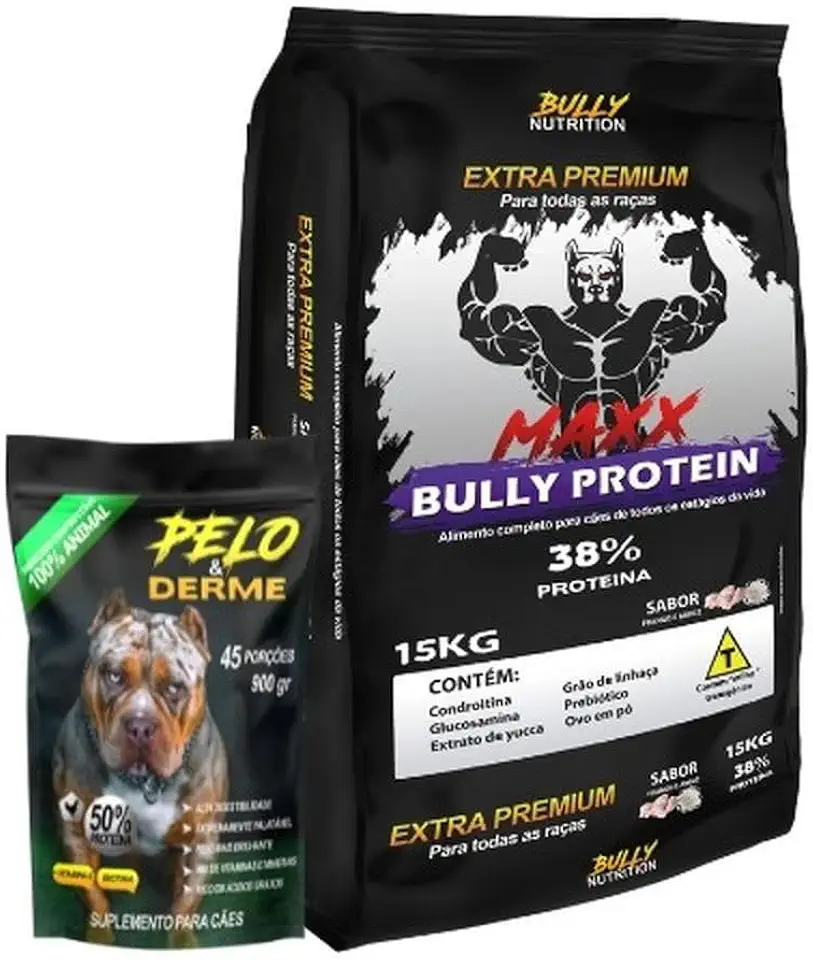 Ração Maxx Bully Protein 15kg + Suplemento Bully Pelo & Derme 900g | Cachorro Forte