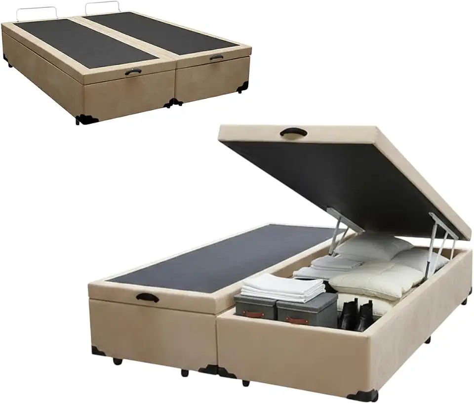 Cama Box Bau Queen Size Bipartido com Pistão a gás (Suede Bege)
