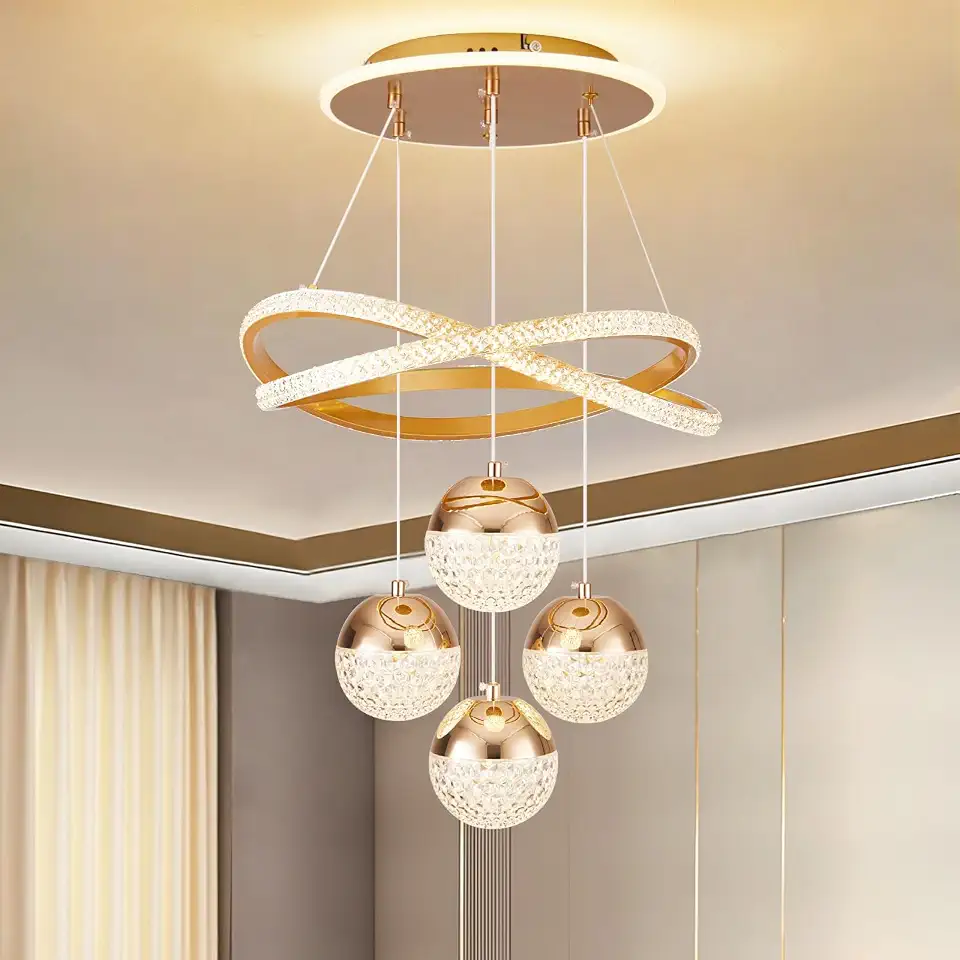 Lustre Pendente para Sala e Quarto | Luminaria Pendente Sala Jantar LED Lustre Linear Contemporâneo 4 Luzes, Metal com Dimerização e 3 Temperaturas de Cor (Ouro)