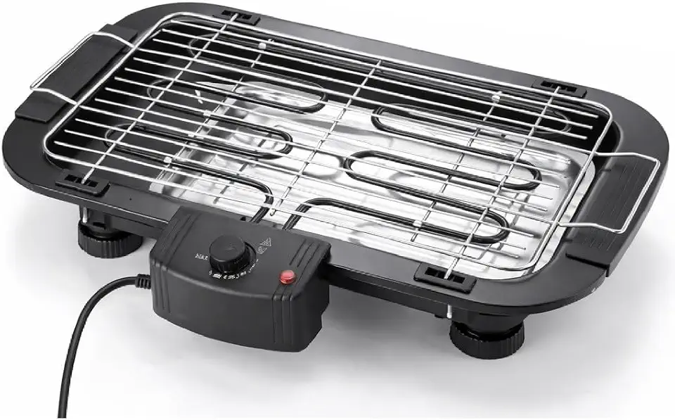 Churrasqueira Elétrica Portátil Grill Desmontável Sem Fumaça Controle de Temperatura 5 Níveis 2000w Inox 47-50 cm (Preto, 110, Volts)