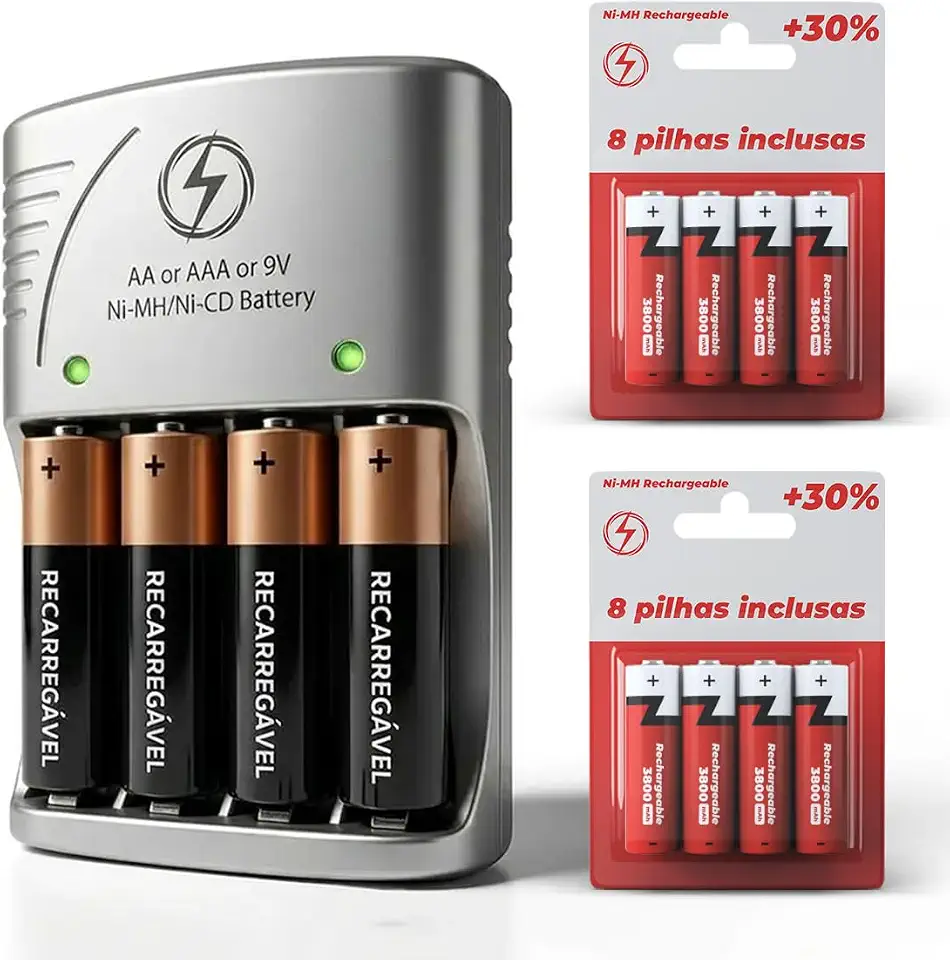 Carregador de Pilhas Recarregáveis Aa/aaa Bivolt - Kit Carregador com 8 Pilhas, 4AA e 4AAA Palito