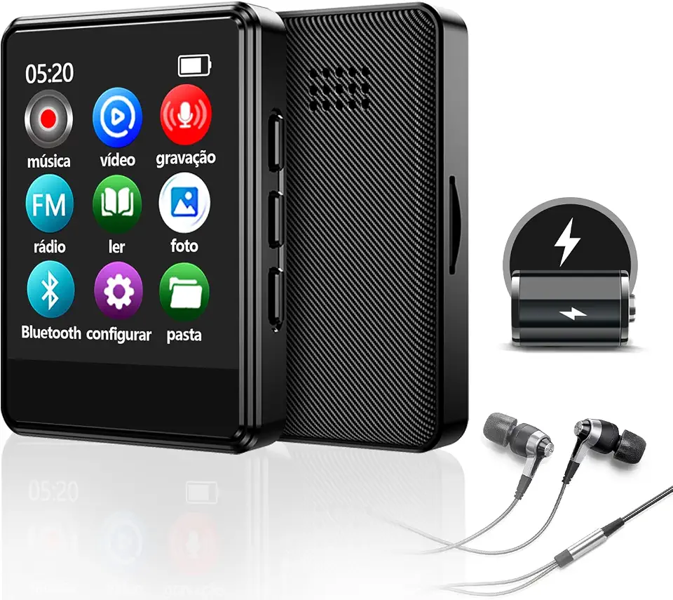 MP3 Player Bluetooth 5.2 MP3 Player Portátil Multifuncional com Tela de Toque, Alto-Falante Embutido, Rádio FM, Gravador de Voz, Suporte para Cartão TF até 128GB