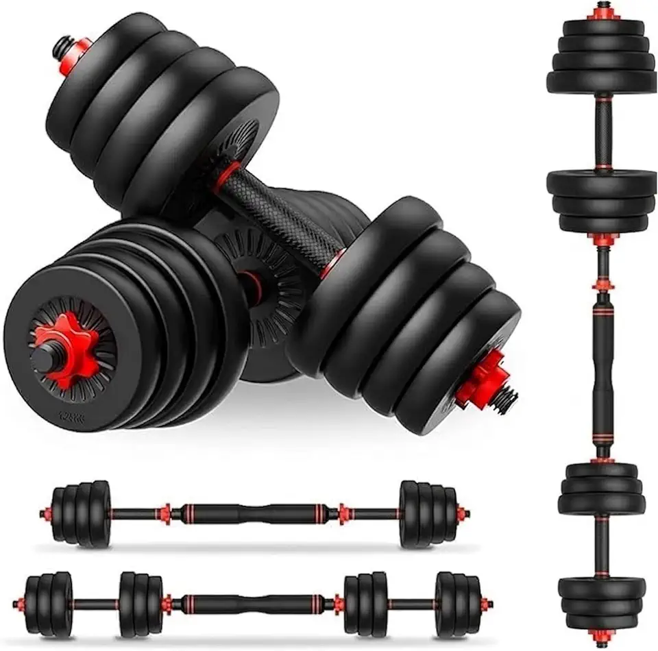LGS Kit Halteres Musculação 6 em 1 Ajustável Até 15kg | Conjunto Completo com Barra, e Anilhas em Aço Inoxidável e Borracha | Equipamento Ergonômico para Treino Funcional em Casa