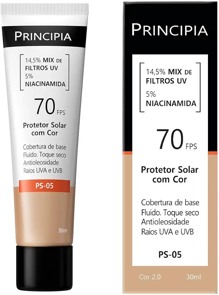 Protetor Solar Facial Principia 14,5% Mix de Filtros UV + 5% Niacinamida FPS 70 PS-05 Cor 2.0 com 30ml