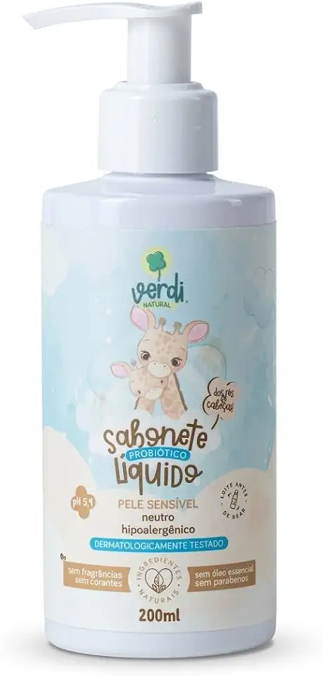 Sabonete Líquido Probiótico Infantil Verdi Natural 200ml - Neutro para Pele Sensível e Recém-Nascido - Hipoalergênico e Sem Fragrância
