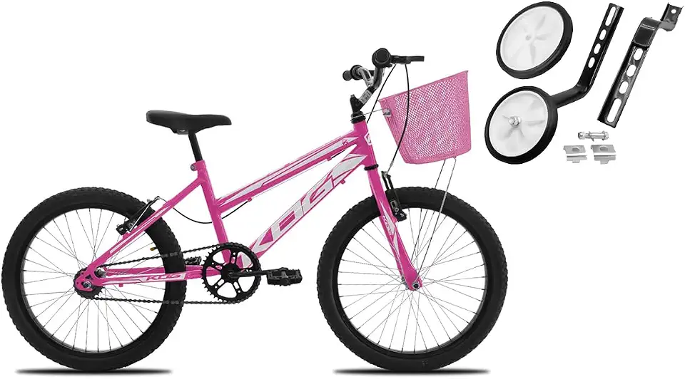 Bicicleta Aro 20 Infantil KOG BIKES Feminina Criança Freio V-Brake com Cestinha Aros em Aluminio Rosa e com Rodinha Traseira