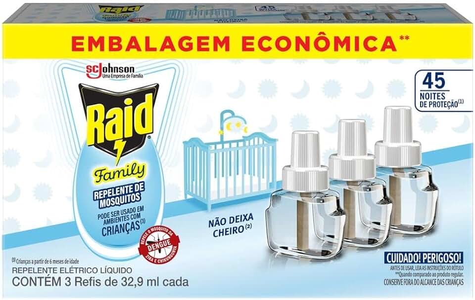 Raid Repelente Eletrico Líquido Family, 45 Noites de Proteção, 3 Refis de 32,9ml