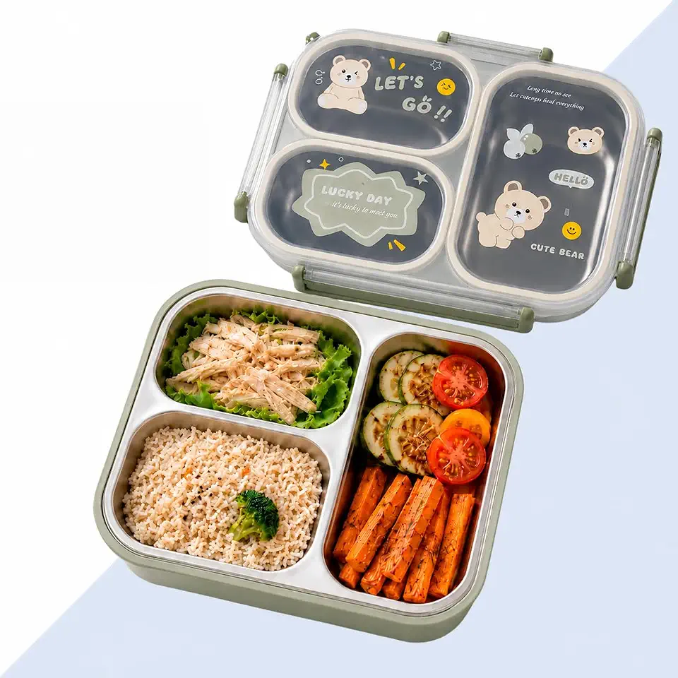 Marmita/Lancheira Infantil Térmica Hermética Inox 304 com Divisórias, com Borracha AntiMistura, Aquecimento ou resfriamento a Água, Livre de BPA com 4 Travas de Segurança 880 ml (3 divisorias) (Verde)