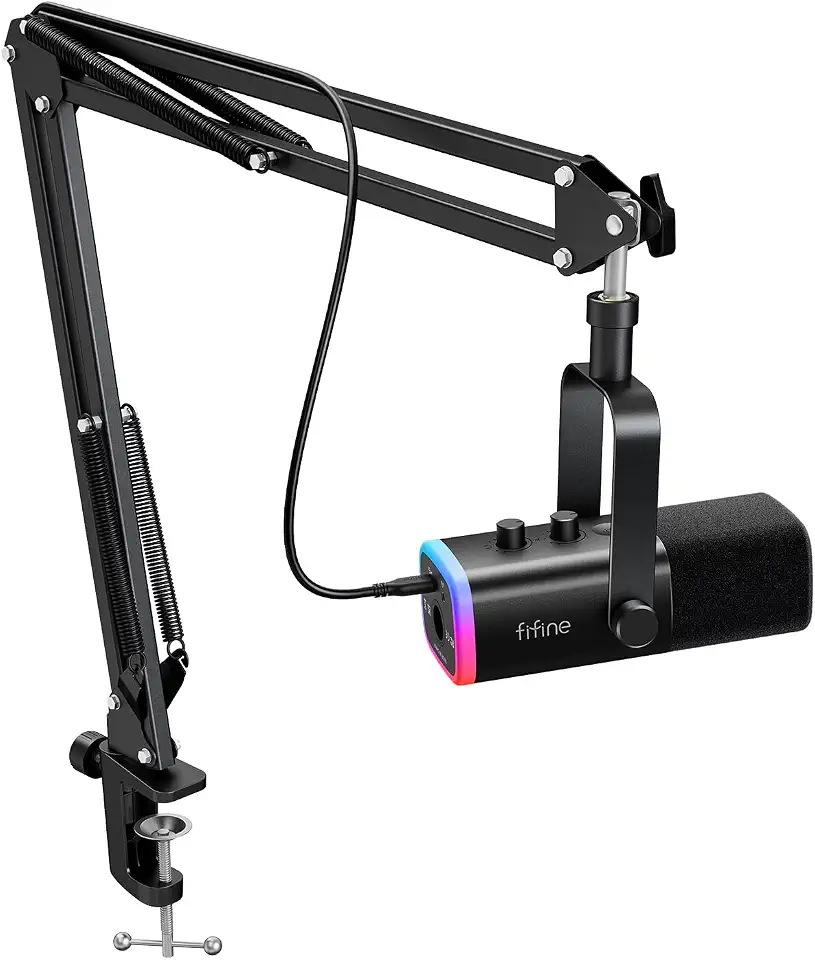 FIFINE conjunto de microfone para jogos XLR/USB, mic dinâmico para PC para podcasting, kit de microfone RGB para computador com suporte para braço de lança,para gravação de voz vocal-AM8T Preto