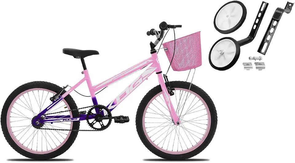 Bicicleta Aro 20 Infantil KOG BIKES Feminina Criança Freio V-Brake com Cestinha Aros em Aluminio Rosa e com Rodinha Traseira
