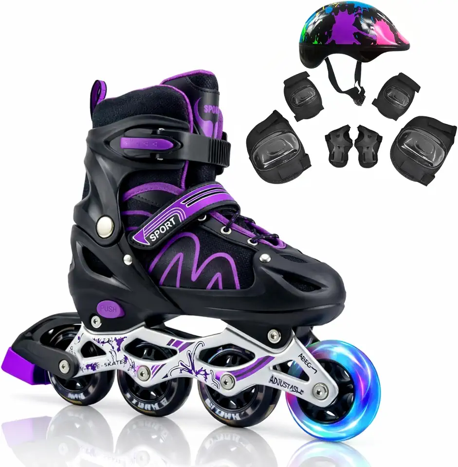 Patins Inline Ajustável 4 Rodas com Kit de Proteção, Capacete e Rodas com Luz LED, para Iniciantes, Uso Interno e Externo