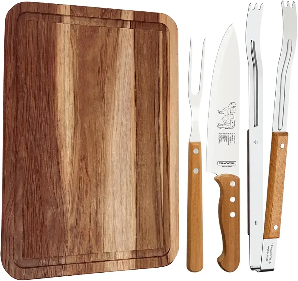 Kit para Churrasco Tramontina com Pegador Faca e Garfo Trinchante + Tabua de Corte