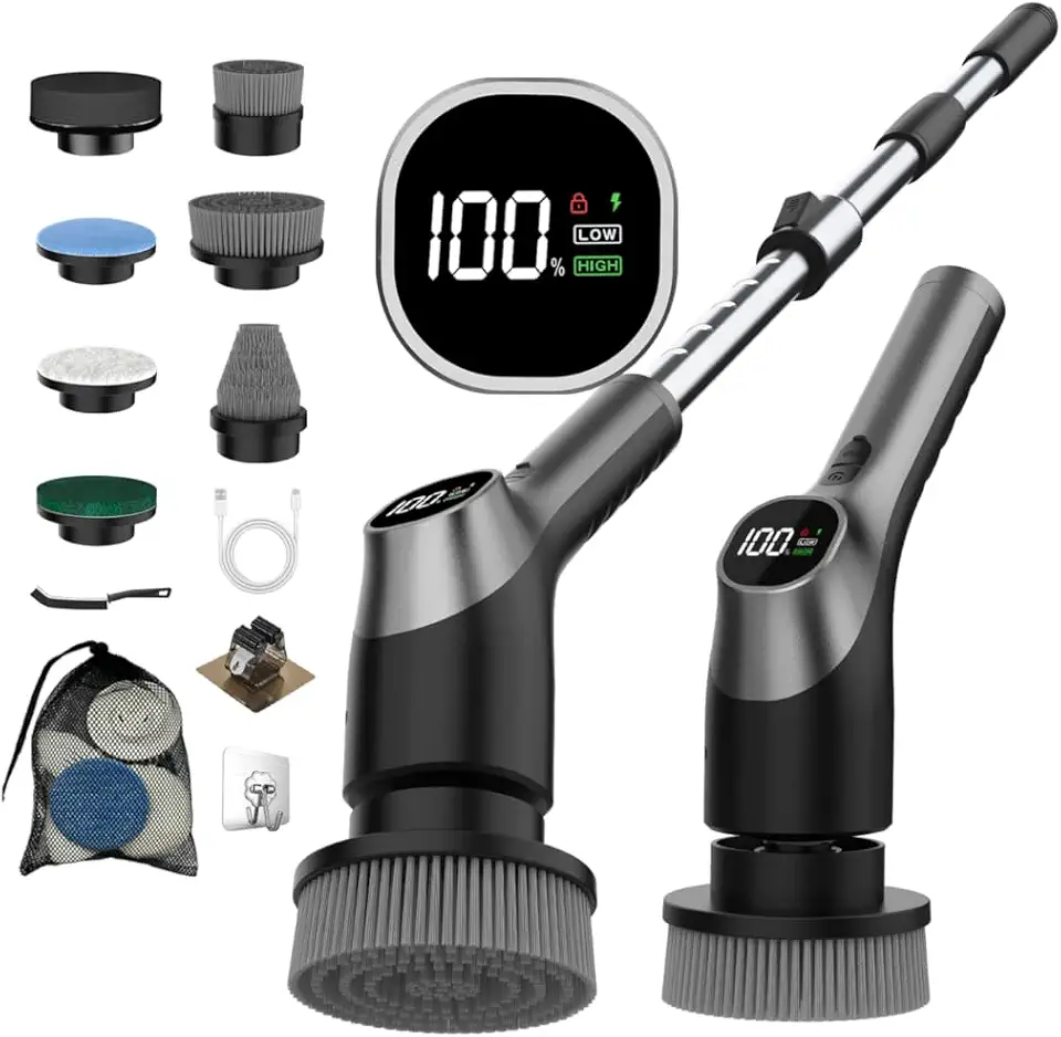 Wky Esfregão giratório elétrico G3 – esfregão de chuveiro e escova de limpeza 10 em 1 sem fio com alça extensível, 2 velocidades, cabeças de escova à prova d'água IPX7, tela de LED, chip inteligente