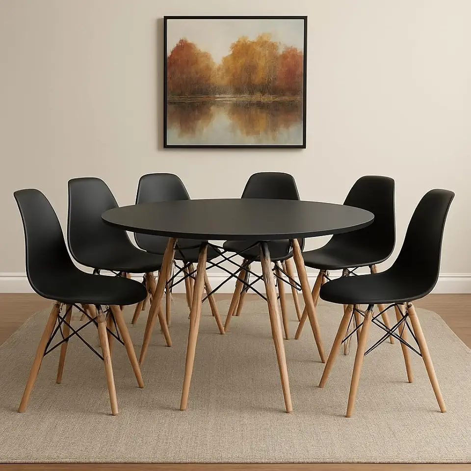 Conjunto de Mesa de Jantar Eames Eiffel Redonda 120cm Tampo de Madeira com 6 Cadeiras Eiffel Charles Eames (Preto)