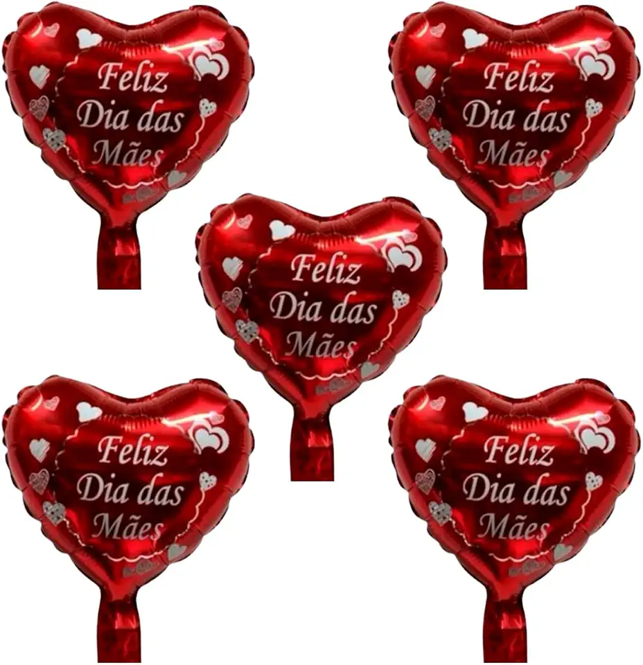 Kit 10 Balões Coração Vermelho 10" (25cm) com Estampa Feliz Dia das Mães Decoração para Festas, Homenagens e Surpresas Especiais