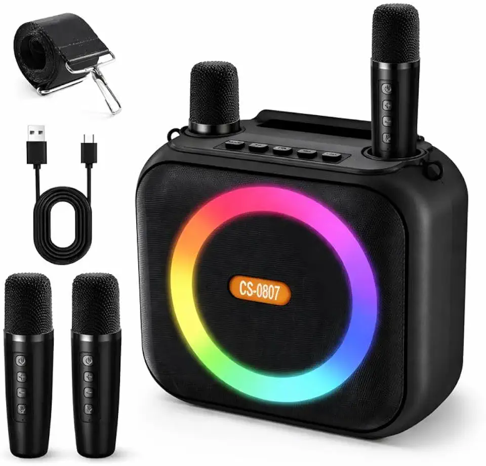 Karaokê Portátil com 2 Microfones Sem Fio e Luz RGB, Caixa de Som Bluetooth para Festa, Diversão Garantida para Crianças, Família e Amigos