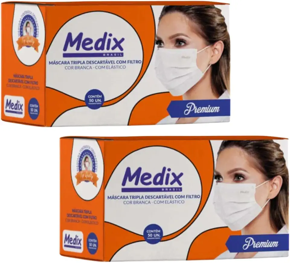 Kit Com 2 Máscara Tripla Descartável Com Elástico Premium Medix | 100 Unidades | 2 Caixinhas
