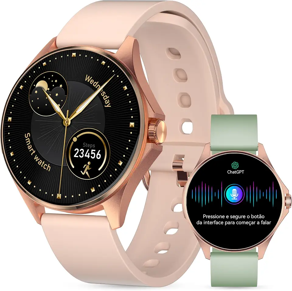 Aurafit Smartwatch Feminino Relógio Inteligente com IA Chatgpt, 1.32’’ AMOLED,iOS Android, IP68 Água, Frequência Cardíaca, Monitor de Sono, 100 Esportes, 2 Pulseiras