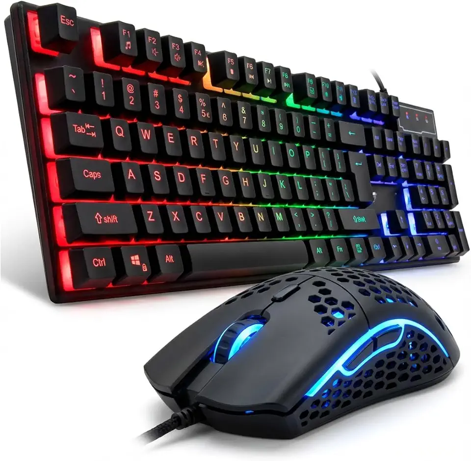 Kit Teclado e Mouse Gamer com Iluminação RGB, Conexão USB, Preto, Sensor Óptico 800/1200/1600 DPI, Layout ABNT2