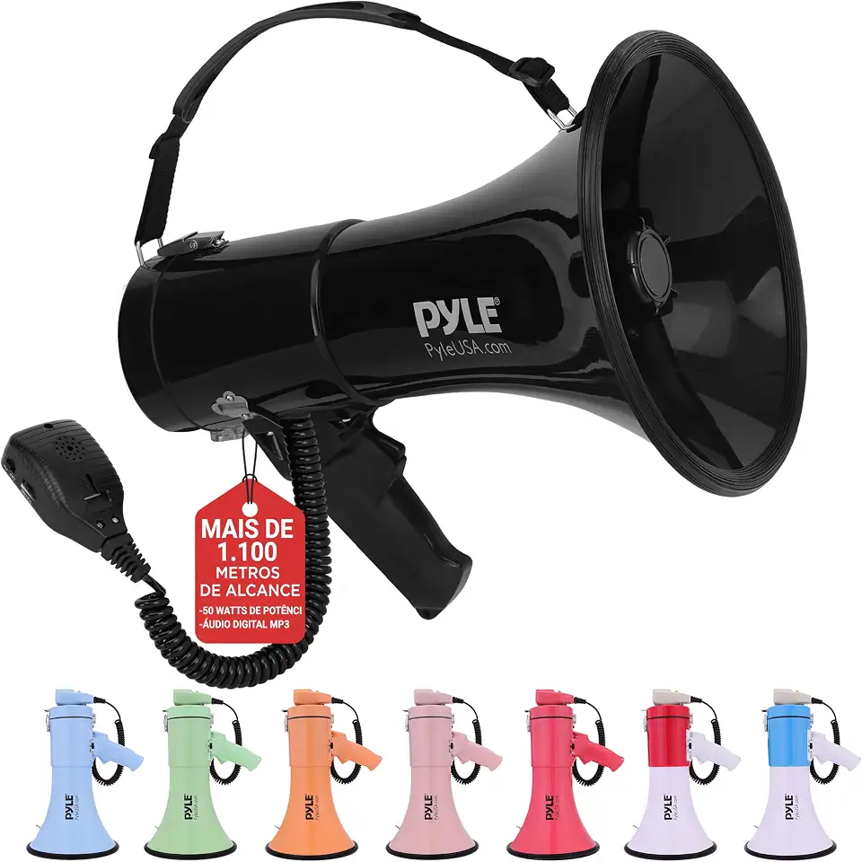 Megafone Pyle Alta Potência 50W Profissional, Sirene e Entrada Auxiliar, Microfone de Mão e Alça de Ombro, Alcance Longo 1200m