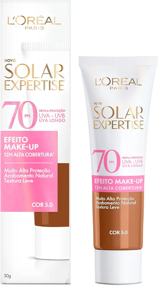 L'Oréal Paris Solar Expertise Efeito Makeup FPS 70, Protetor Solar Facial com Cor e Alta Cobertura de Base por 12H, Previne Rugas e Manchas, Cor 5.0, 40g