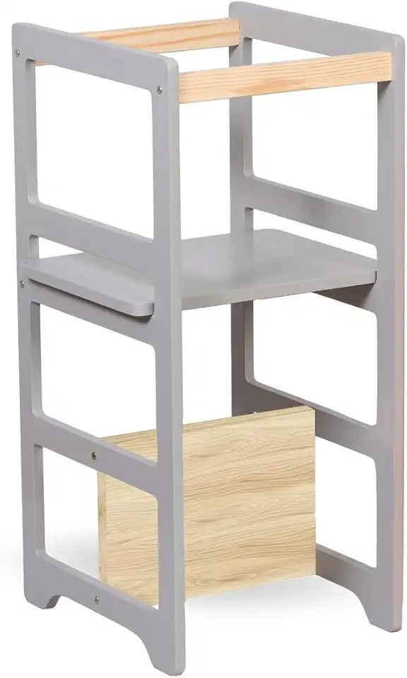 CasaDecoratta Torre de Aprendizagem Montessoriana Regula Altura Criança 4 em 1, Madeira Pinus e MDF Laqueado, Cinza