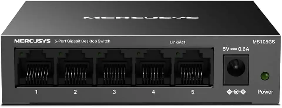 MS105GS: Switch Gigabit de 5 portas MERCUSYS, com auto negociação, Auto-MDI/MDIX, caixa metálica, economia de energia, instalação fácil, plug and play, sem necessidade de configuração.