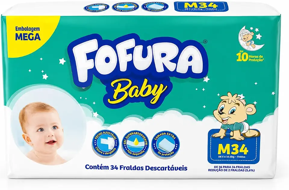 Fralda Fofura Baby Tamanho M, 34 Unidades, para Bebês