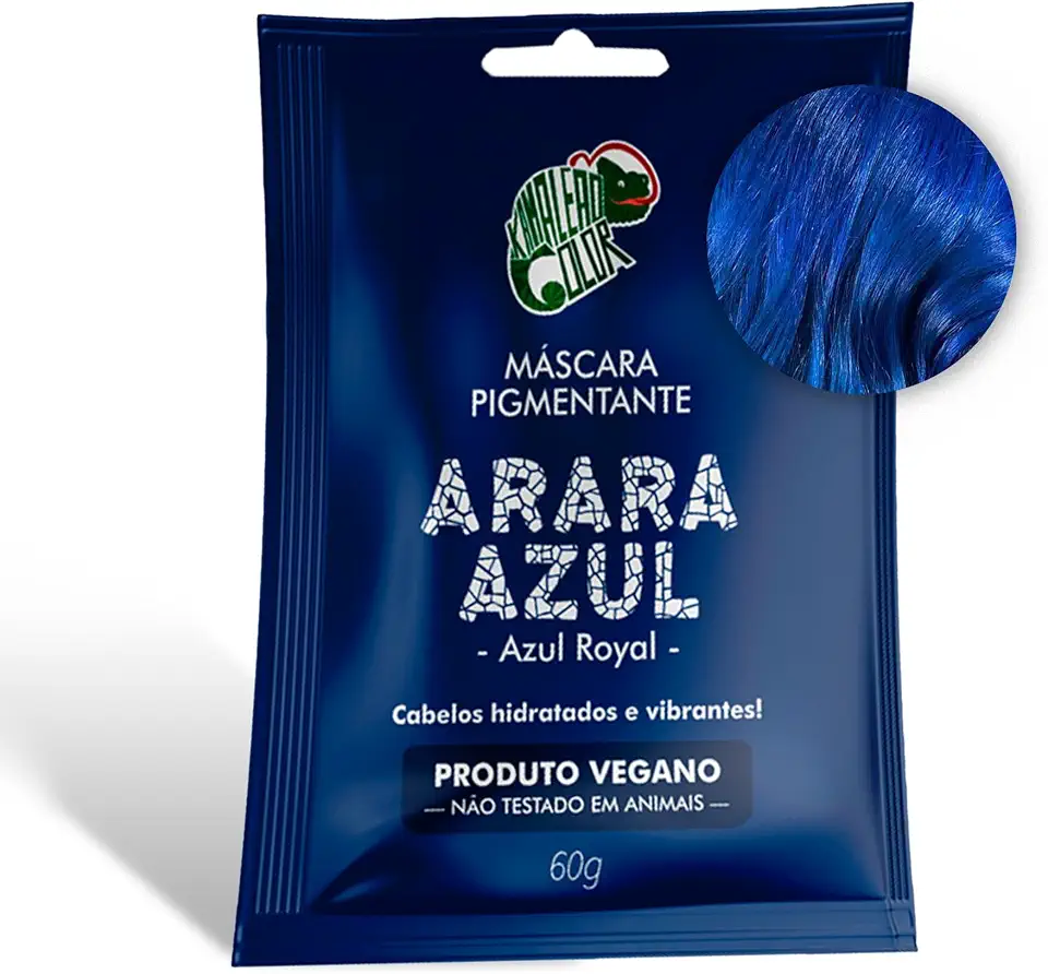 Kamaleão Color – Máscara Pigmentante Semi-Permanente - Cores Vibrantes e Hidratação Intensa – Low Poo, Vegano, Cruelty Free – Sachê 60g - Arara Azul