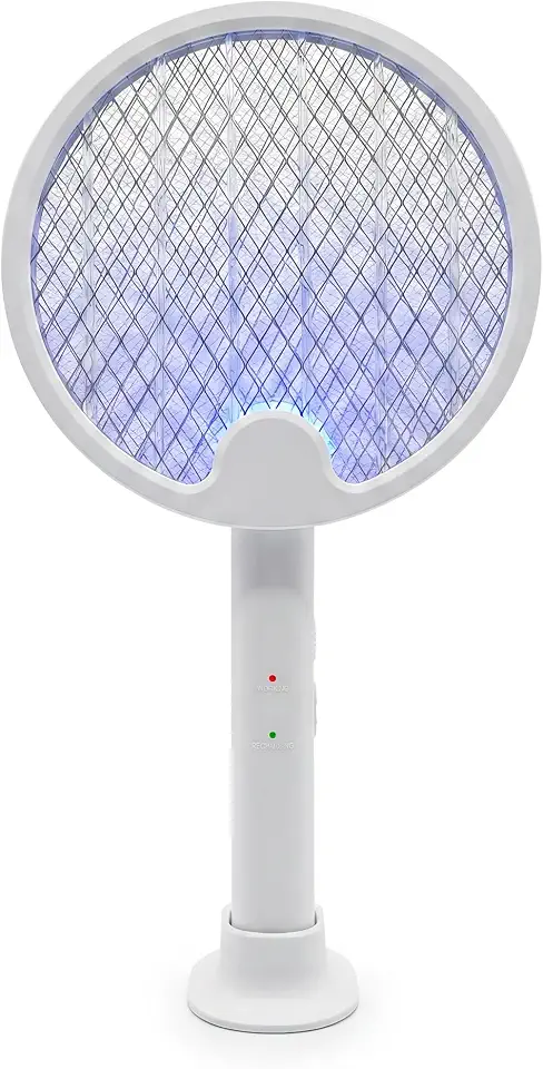 Raquete Elétrica Mata Mosquito 2 em 1 Armadilha Automática Luz UV | LED Recarregável USB Base Dobrável Grade Proteção Multicamadas Portátil Quarto Camping