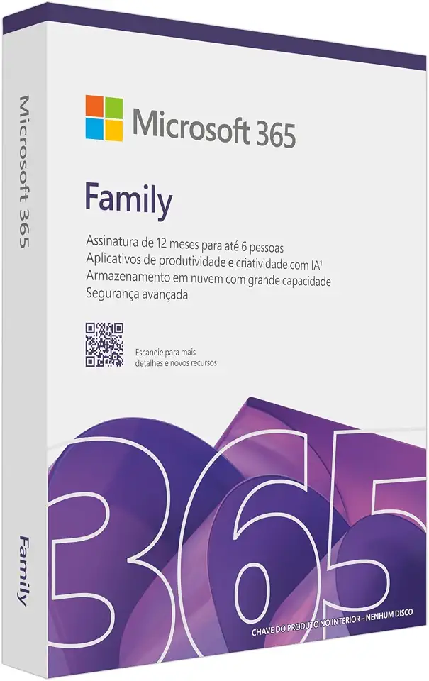 Microsoft 365 Family com Copilot + até 6TB de Armazenamento OneDrive (1TB por pessoa), 6 usuários - Word, Excel, PowerPoint, Outlook - PC/Mac/Iphone/Android/tablet/ - (12 Meses)