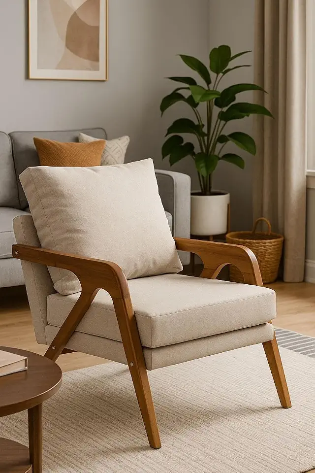 Poltrona Mona Decorativa de Linho Premium e Madeira Maciça Design Atemporal -(Bege)