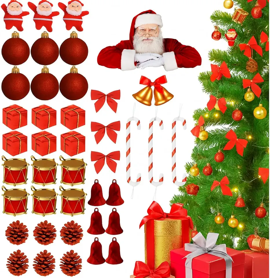 Kit 42 Enfeites de Natal para Árvore Vermelho ou Dourado | Bolas, Papai Noel, Laços, Presentes e Mais | Decoração Completa para Árvore, Guirlanda e Ambientes Festivos (VERMELHO)