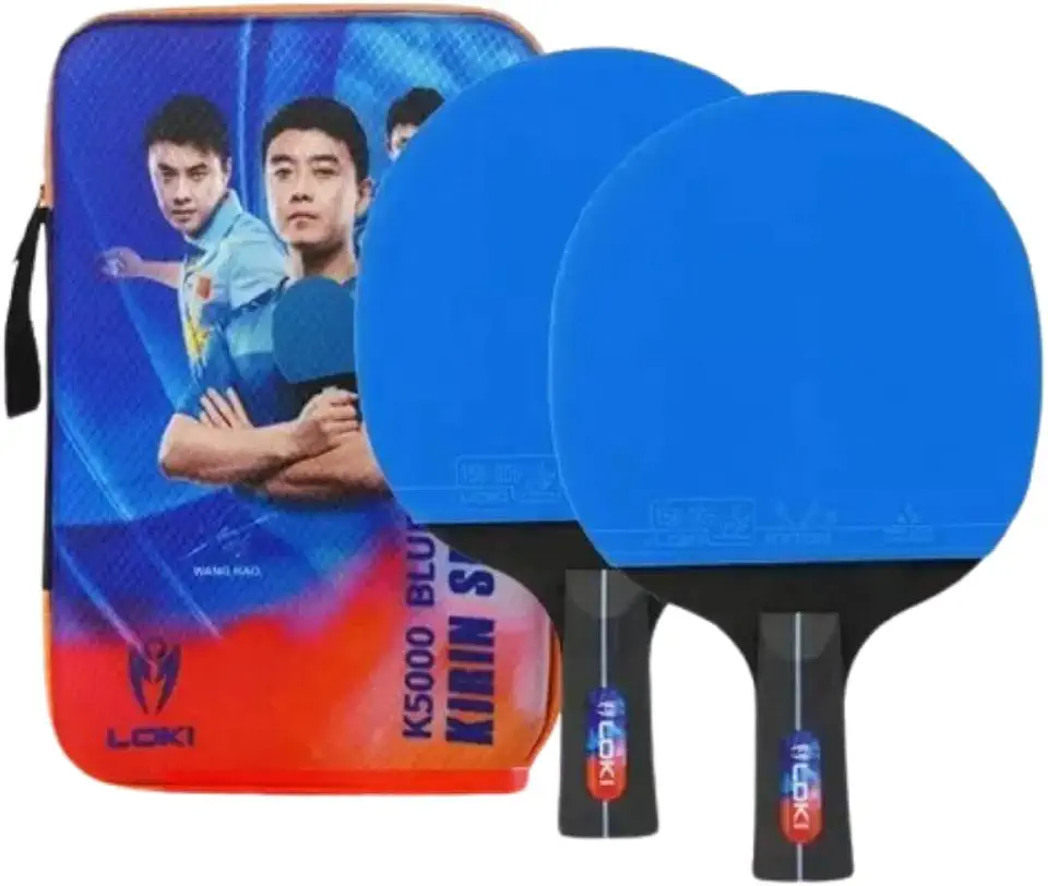 2x Raquetes Loki K5000 Tênis de Mesa Profissional com Borracha Rxton I (cores Azul e Preta) aprovado ITTF com Raqueteira Capa de Proteção + 2 Bolas Ping Pong