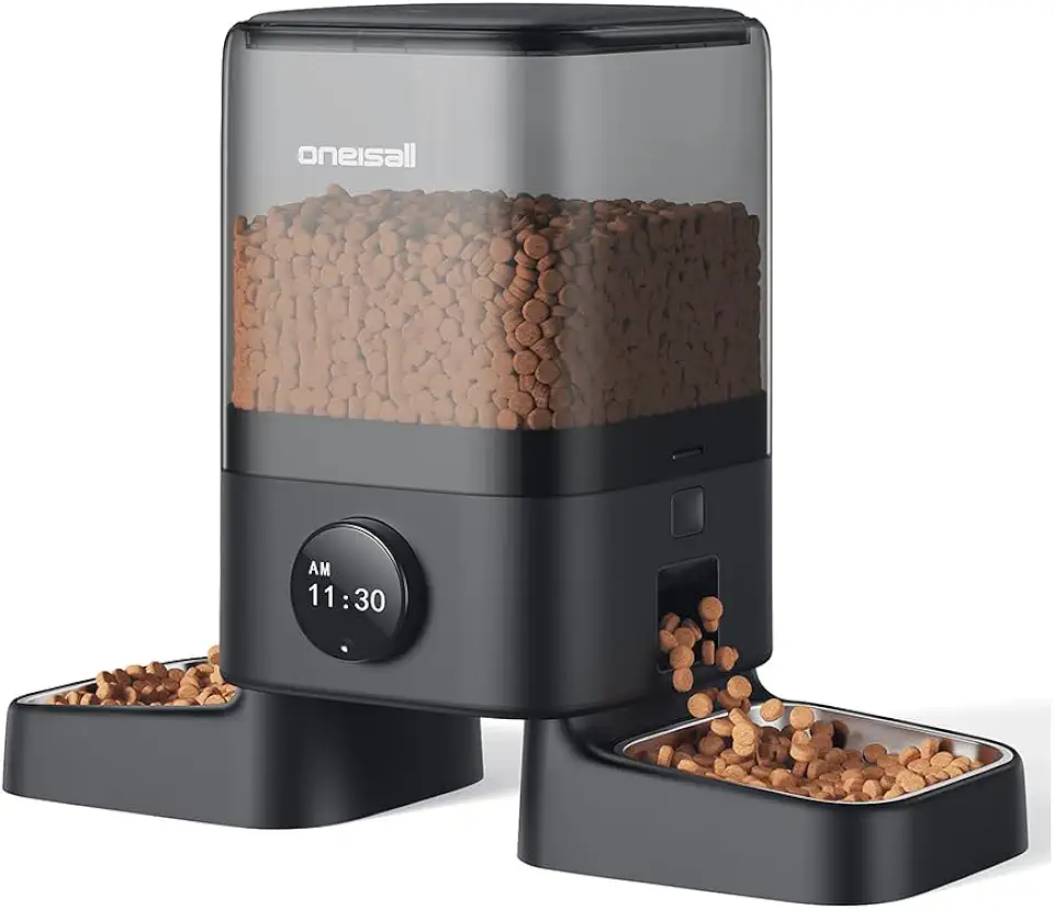 Comedouro Automático para Cães e Gatos, Distribuidor de Ração Duplo 5 Litros, Controle Mecânico, Alimentador Programável com Duas Tigelas para Ração Seca