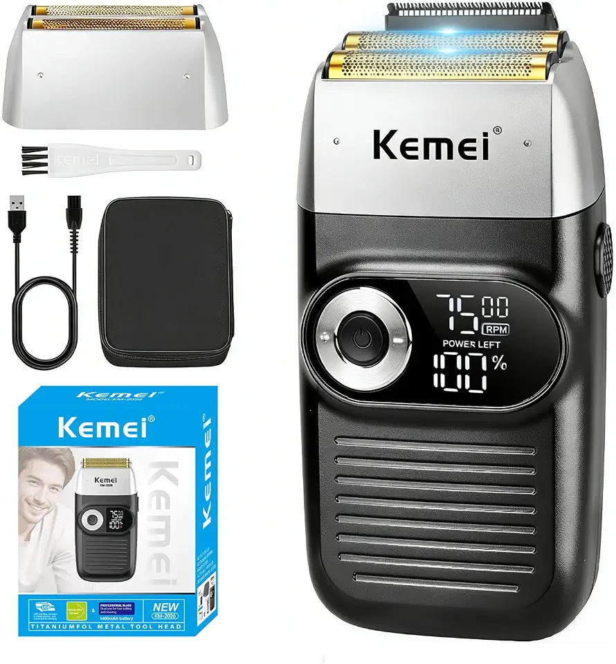 KEMEI Foil Shaver Barber for Men,Electric Razor Rechargeable with Beard Trimmer,Cordless Lithium Titanium Foil Shavers with Travel Case