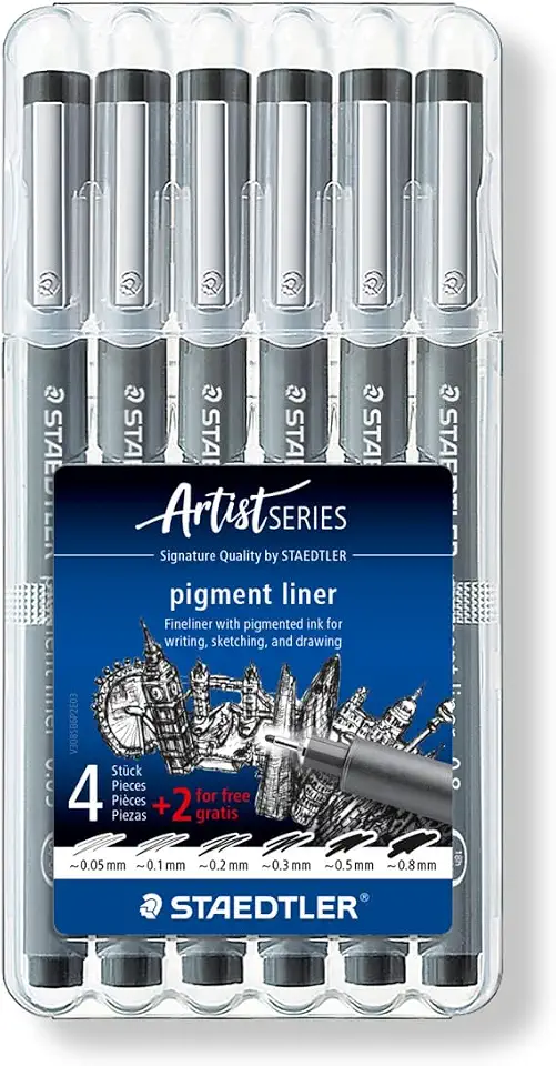 STAEDTLER Caneta Nankin Pigment Liner 4 +2 Preto - 308 SB6P - Pontas Variadas: 0.05, 0.1, 0.2, 0.3, 0.5 e 0.8mm - Fineliner Permanente com Tinta Pigmentada, À Prova d’Água, Ideal para Escrita