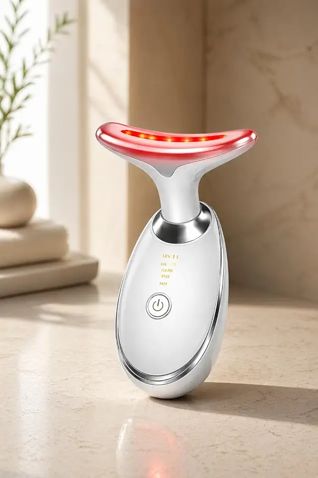 Massageador Facial e Pescoço EMS com LED 3 Cores e Aquecimento – Lifting Facial, Redução de Rugas e Papada, Estimulador de Colágeno, Recarregável Portátil