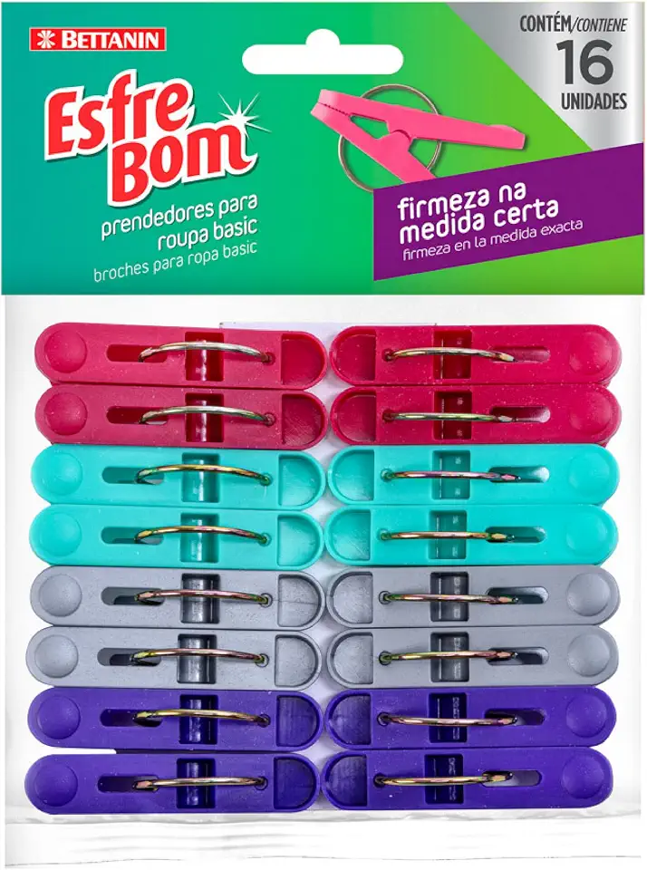EsfreBom - Prendedor Plástico Basic, Embalagem com 16 Unidades, Cores Rosa, Tifanny, Cinza e Roxo, Bettanin