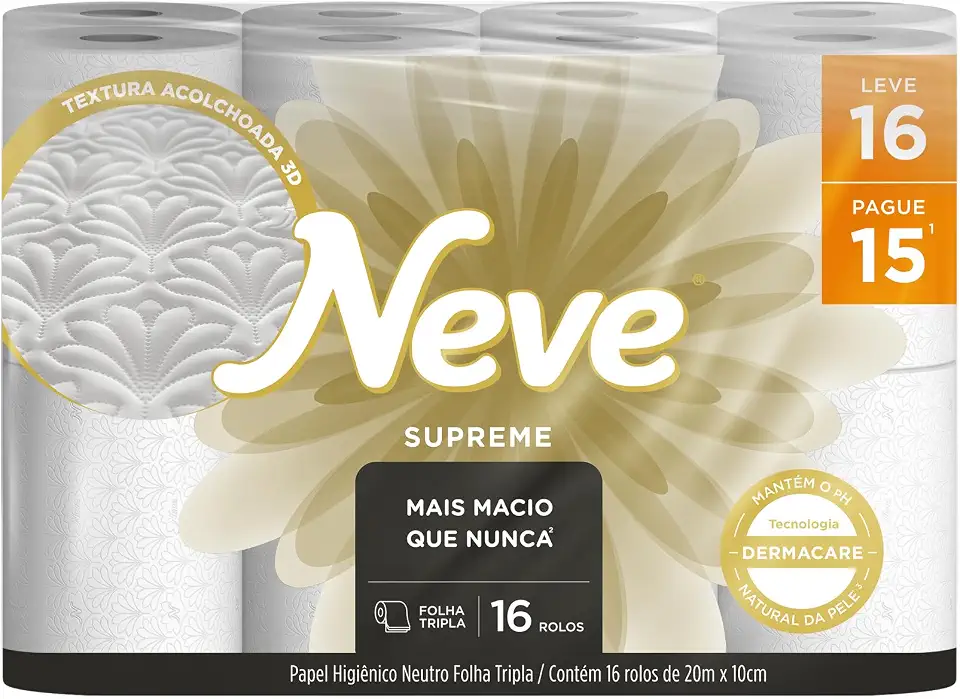 Neve Papel Higiênico Supreme Folha Tripla, 20m, Leve 16 Pague 15 Rolos