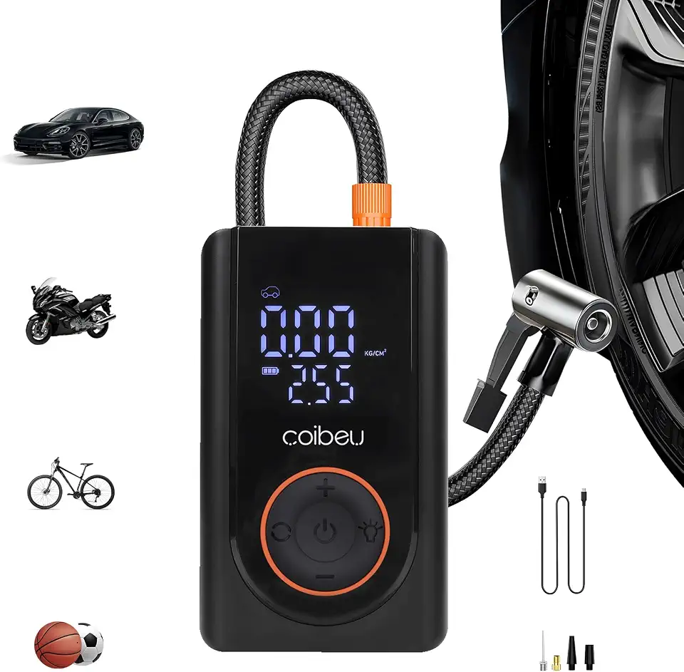Compressor de Ar Portatil, Calibrador de Pneus Portatil, Bomba de Encher com Display Digital, Pré-sets de Pressão, Power Bank 3600mAh, 150PSI MAX, 60W, para Carros/Motos/Bicicletas e Bolas