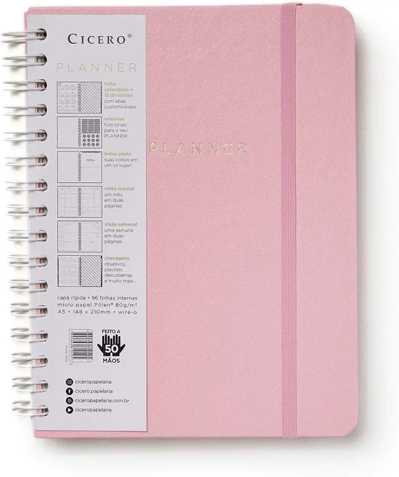 Planner Wire-o Pastel, Rosa, Mensal e Semanal, 96 Folhas, Papel Pólen 80g/m², Tamanho A5 (Grande)