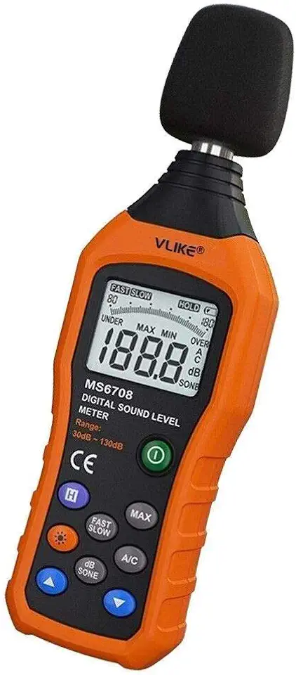 VLIKE Medidor de decibéis de áudio digital LCD, medidor de nível de ruído, monitor de som, medidor de dB, medição de ruído de 30 dB a 130 dB, modo A/C (pilhas não incluídas)