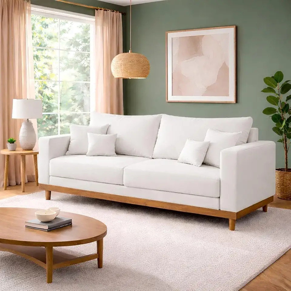 Sofá Living 3 Lugares Linho Reforçado + Almofadas Recepção Sala - Balaqui Decor Cor:bege