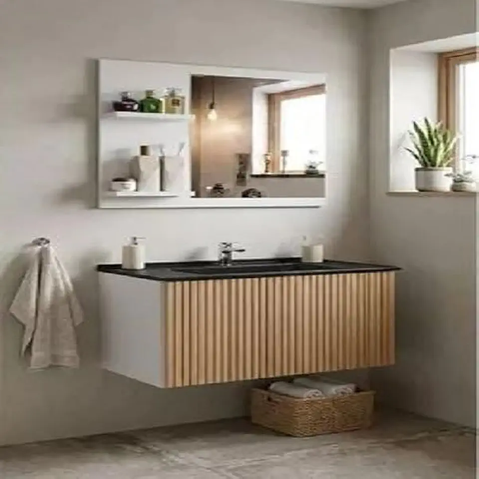 CONJUNTO GABINETE COM ESPELHEIRA E CUBA PARA BANHEIRO ZENITH/STILO MDF/MDP (Branco/Ripado, Cuba : Preta, Stilo)