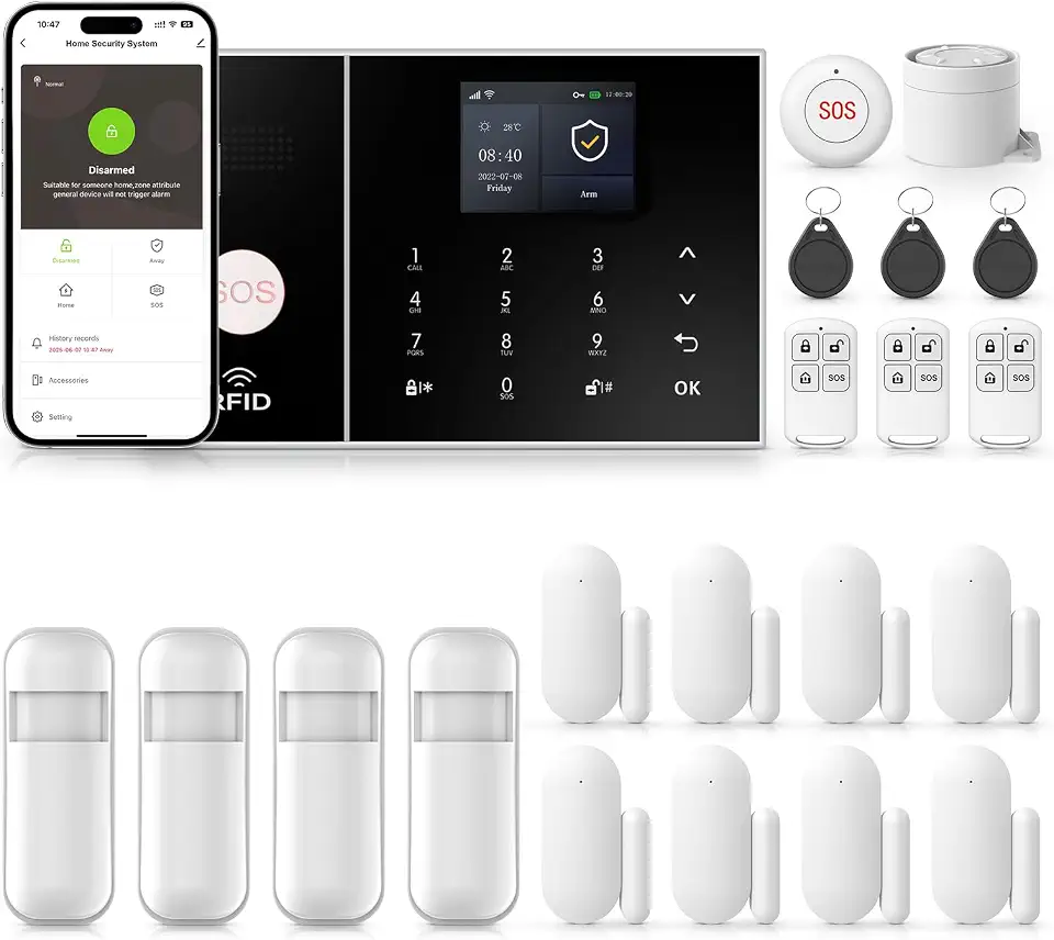 Kit de Alarme de Segurança Residencial Inteligente 4G, Sistema de Alarme Residencial Sem Fio Wi-Fi com Sirene, Sensor de Movimento Pir, Controles Remotos E Sensor de Janela/Porta.