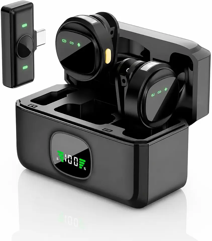 Kit 2 Microfones de Lapela Profissional, Transmissão Sem Fio, Case de Carregamento, Bluetooth, Cancelamento de Ruído,12h Tempo de Trabalho, Compatível com Camera, iPhone, Android, USB-C