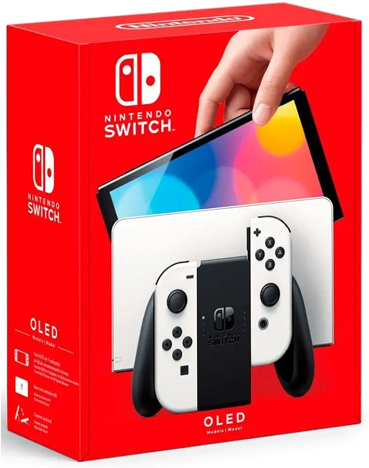 Nintendo, Console, Nintendo Switch OLED, Nacional, Portátil e Doméstico, Tela de 7 Polegadas, Bateria de até 9 Horas, 64GB de Armazenamento, Porta LAN Integrada, Áudio Aprimorado, Inclui Joy-Con com Suporte e Alças, Branco