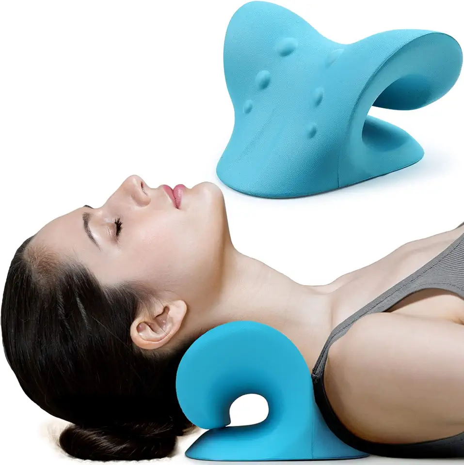 RESTCLOUD Relaxante de pescoço e ombro, dispositivo de tração cervical para alívio da dor na ATM e alinhamento da coluna cervical, travesseiro quiroprático (azul)